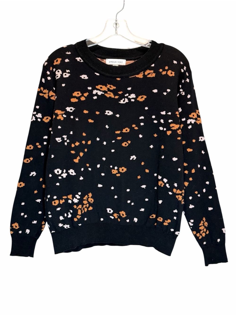 Amour Vert Black Organic Cotton Sweater - Orange & Cream Pattern - Medium